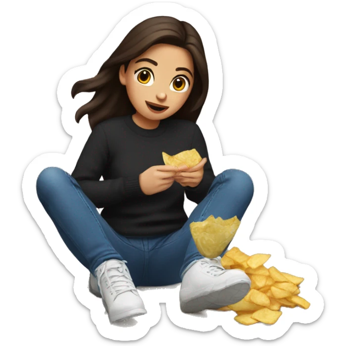 Brunette girl with black sweater an blue jeans and brown Uggs eating chips sticker