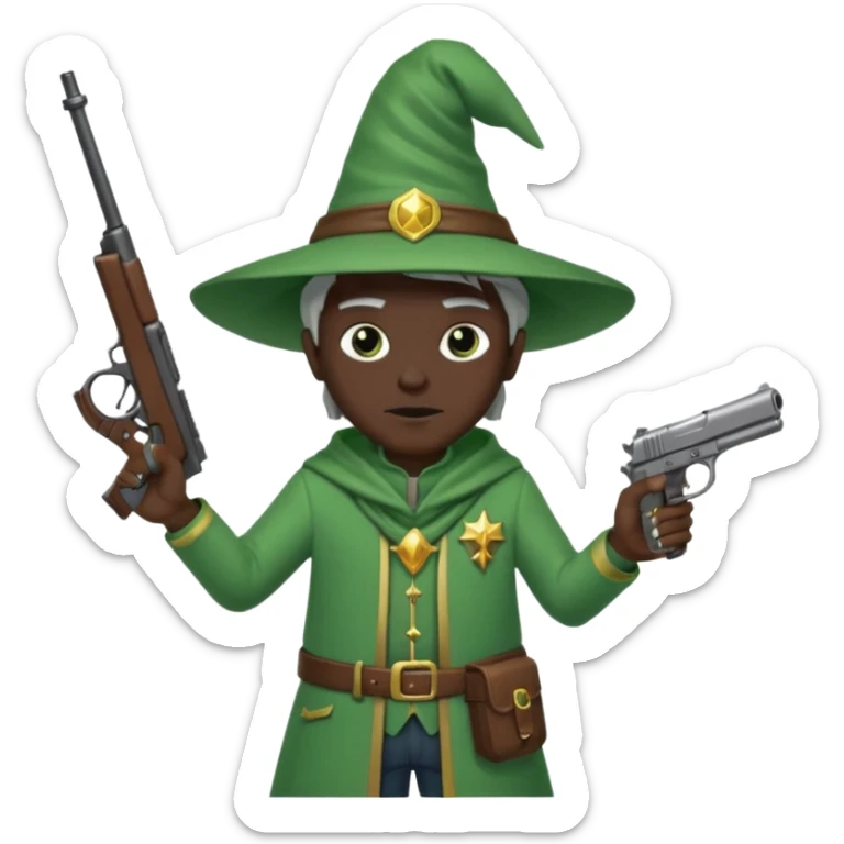 A wizard 🧙 wearing green clothes, with black skin, holding a pistol 🔫 and a rifle sticker