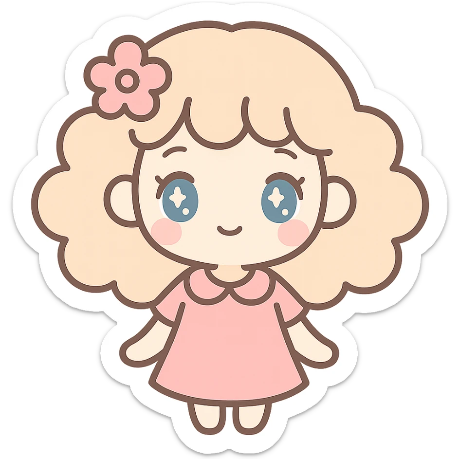 a girl with curly hair, pale skin, and blue eyes, anime style sticker
