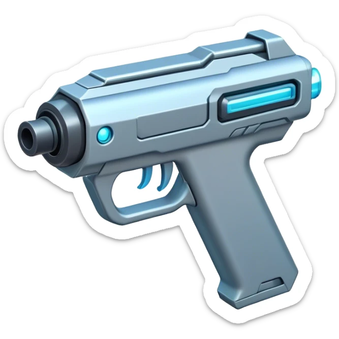 Clash of Clans aesthetic: Cinematic Playful 3D Isometric Laser Gun Emoji, rendered in a 3D vector-style similar to standard emojis with minimal shading and bold, simplified shapes. A compact, distinct form with signature details, softly glowing with a futuristic sci-fi warfare charm. Simplified yet unmistakably iconic, highly detailed and consistent, glowing with a soft radiance and high shine. Stylized with a touch of high-tech brilliance and a soft glowing outline, capturing the essence of a beloved gaming relic with a friendly, playful manner! sticker