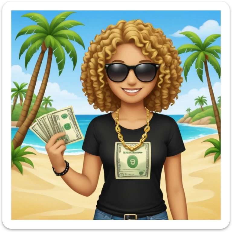 Smiling person with curly hair wearing black t-shirt and necklace, sunglasses, showing dollar bills, beach with palm trees sticker