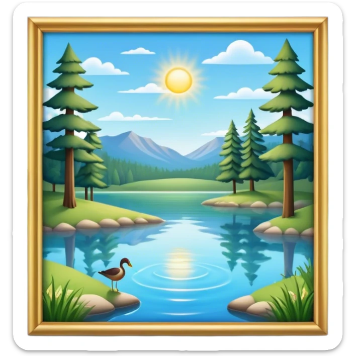 Cinematic Realistic Lake Emoji, Calm and reflective, with clear blue waters mirroring the surrounding landscape, framed by tall trees and grassy shores. The sunlight sparkles on the water’s surface while birds and animals play at the edge. Soft glowing outline, capturing the essence of peaceful serenity in a tranquil lake. sticker