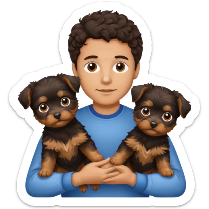 young man with dark brown curly hair, deep set eyes with two Yorkie puppies sticker