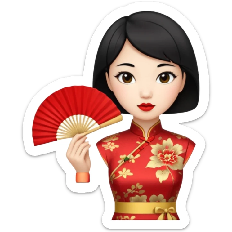 a chinese woman wearing a cheongsam holding a folding fan elegantly with fancy, red lipstick and short black hair sticker