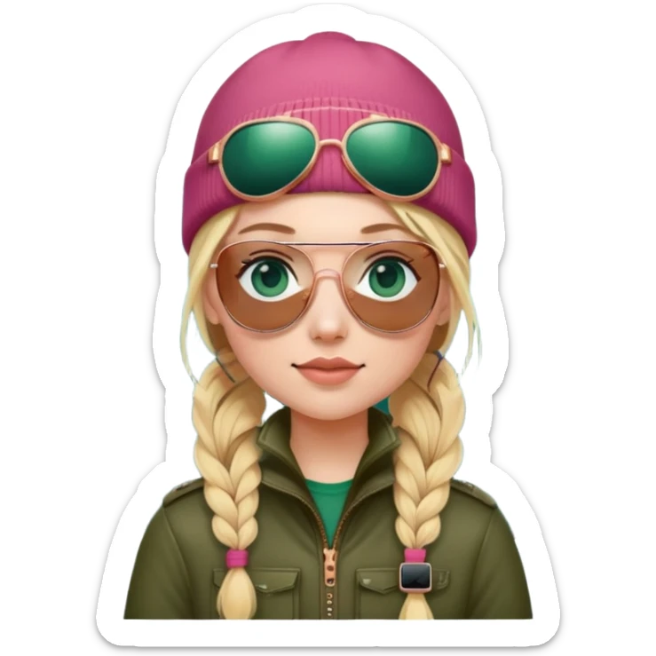 girl with pigtailed blond hair
with blue eyes and aviator sunglasses

wearing beanie
wearing (rose gold apple watch with forest green band) sticker