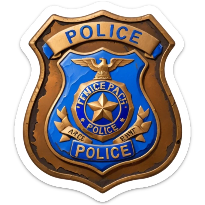 cinematic - aesthetic brilliant divine lighting, oil paint - antique police badge rusty, crumpled and broken sticker