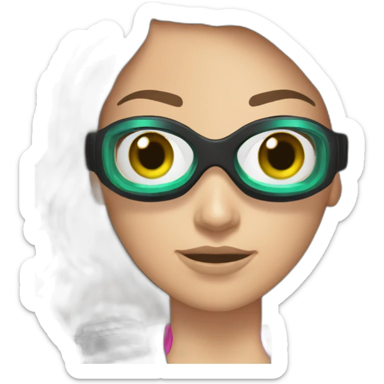 woman with underwater scubadiver gear with green and blue eyes, large and straight brown hair, pink diving underwater black suit gear sticker