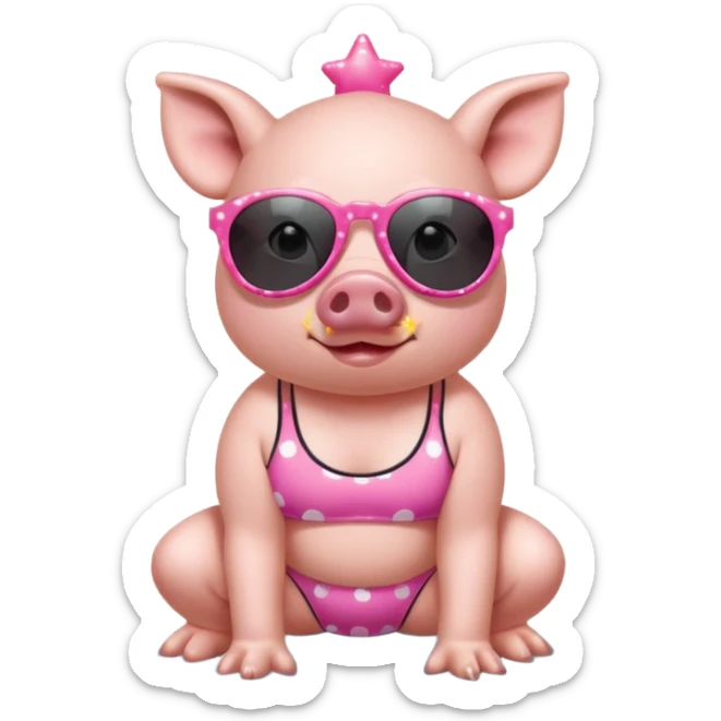 cute pig wearing cool star shaped sunglasses and polka dotbathing suit on all fours  sticker