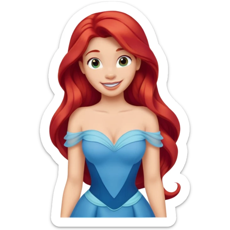 Disney human Ariel with long red hair wearing a blue dress, smiling sticker