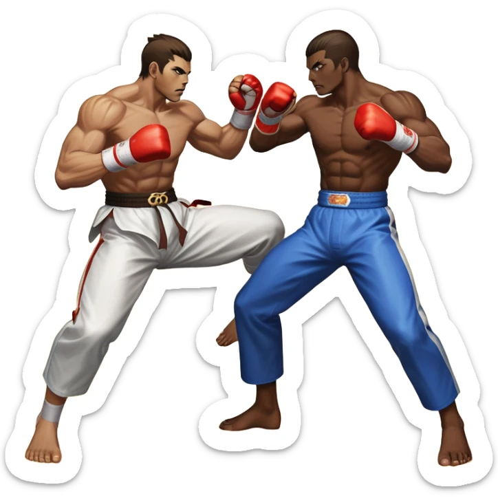An icon showing two fighters in an intense battle, inspired by Tekken. The design features dynamic poses, with powerful punches and kicks, and a vibrant action-packed background. Health bars are visible at the bottom, showing each player’s status. Transparent background. sticker