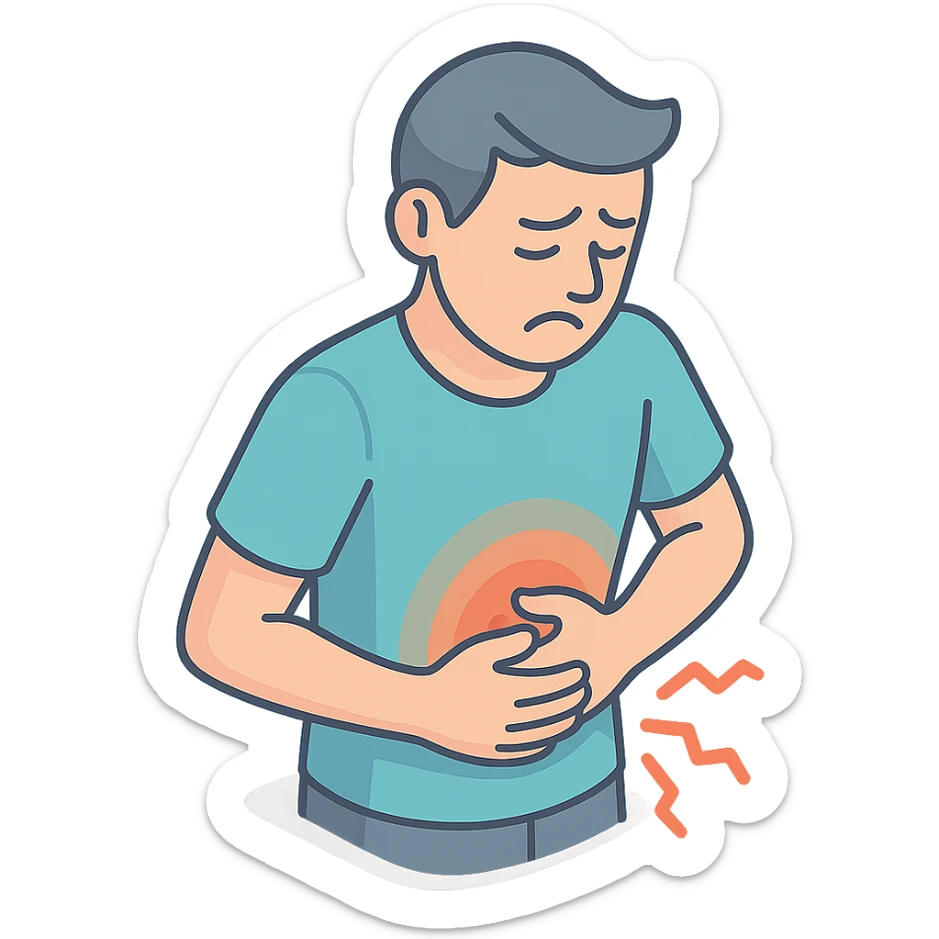 detailed 2D isometric illustration of a person (patient) with stomach pain, waist up, close-up, holding stomach, face and pose expressing discomfort, soft rounded shapes, shadows and highlights, clean contours, pastel palette, modern illustration, transparent background sticker