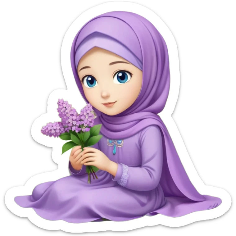 Turkish beautiful finish Konya girl blue eyes with lilac flower hijab long tail dress and sits on the grass on the ground and hold lilac flower on hand  sticker