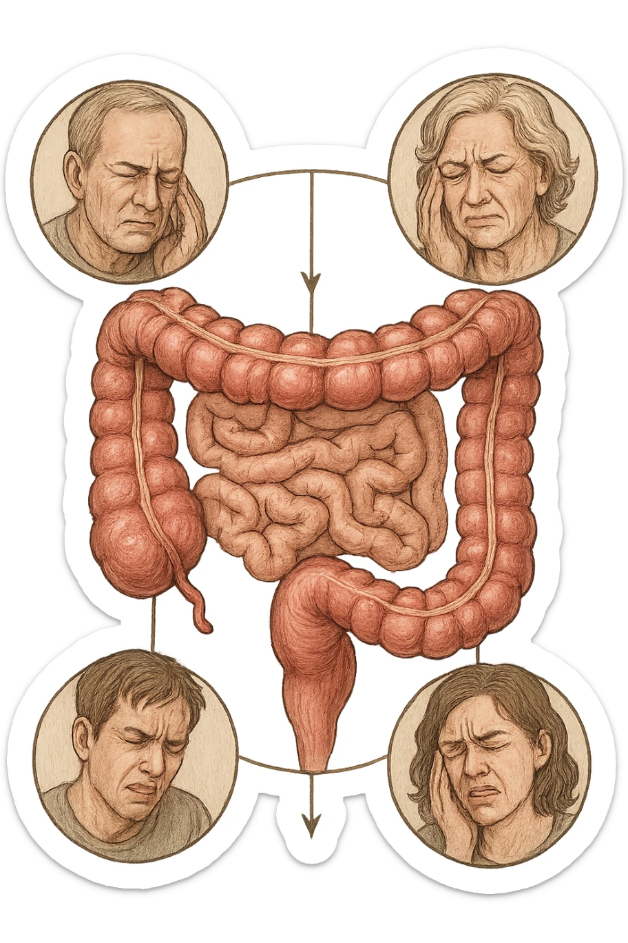 UNA SFILZA DI PARENTI TUTTE MALATE DI CANCRO AL COLON, SI TRAMANDO IL CANCRO NELLE GENERAZIONI, INTESTINO ANATOMICO VISIBILE ED ESPRESSIONE DI DOLORE IN VOLTO, MAL DI PANCIA sticker