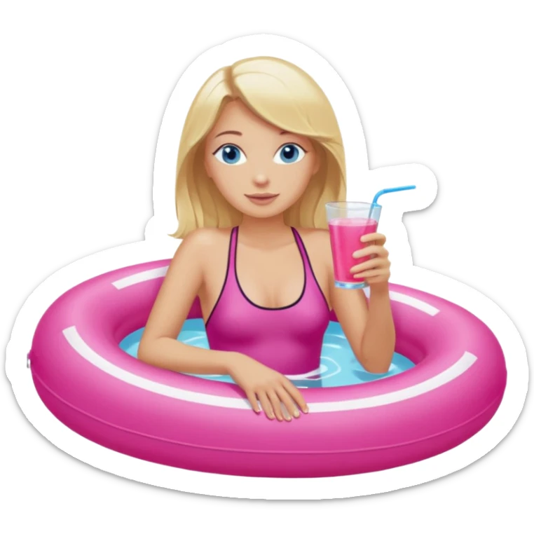 woman with blonde hair and blue eyes sitting in pink pool tube in a pool sipping a drink sticker