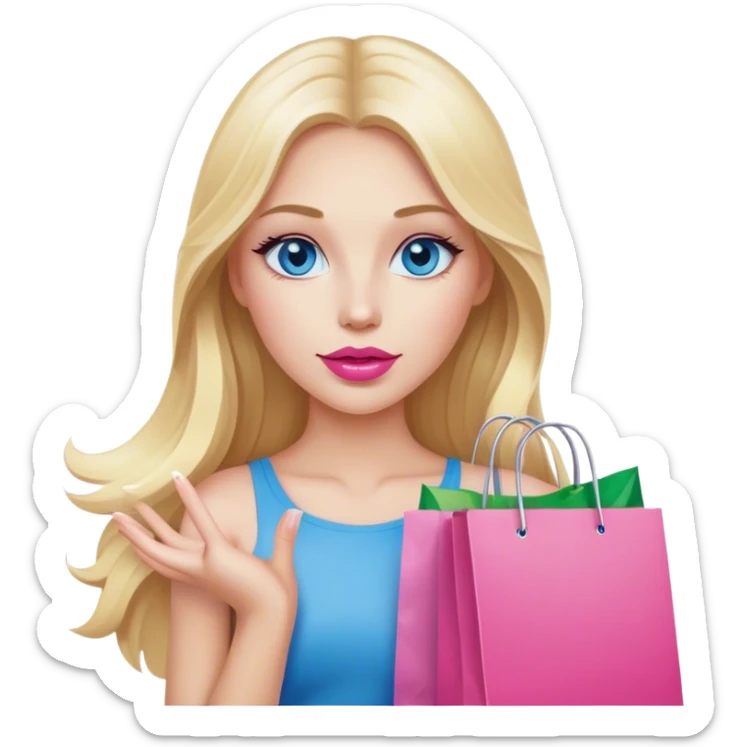 Cinematic realistic blonde with long hair, blue eyes and pink lips holds shopping bags in her hands sticker