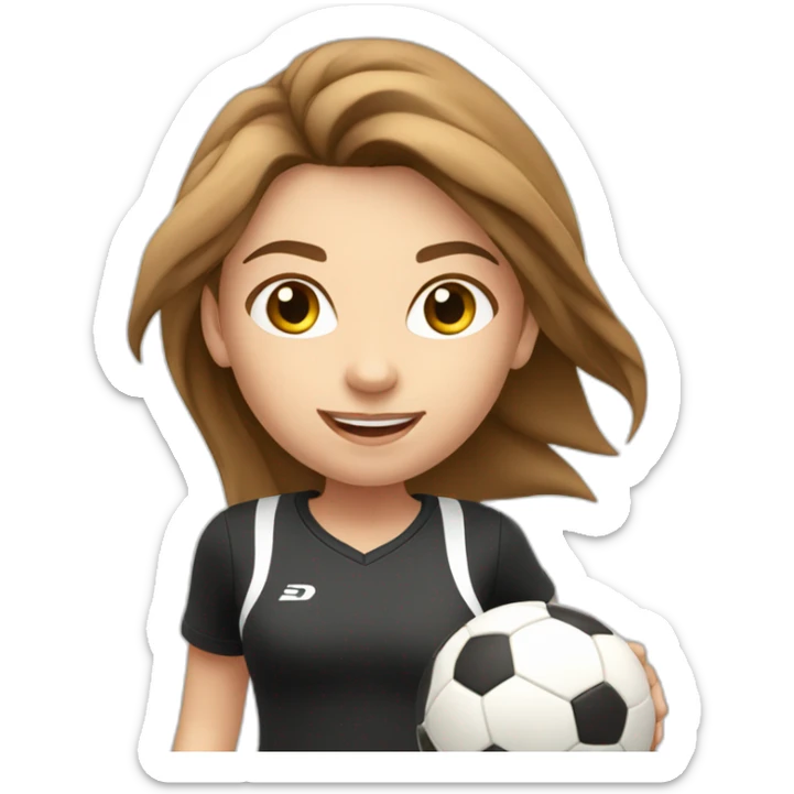 Caucasian girl with brown long hair running with a soccer ball wearing White short and black shorts sticker