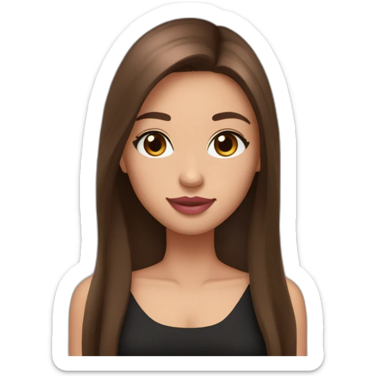 A girl with brown eyes, long straight brown hair, plump pink lips in a black dress sticker