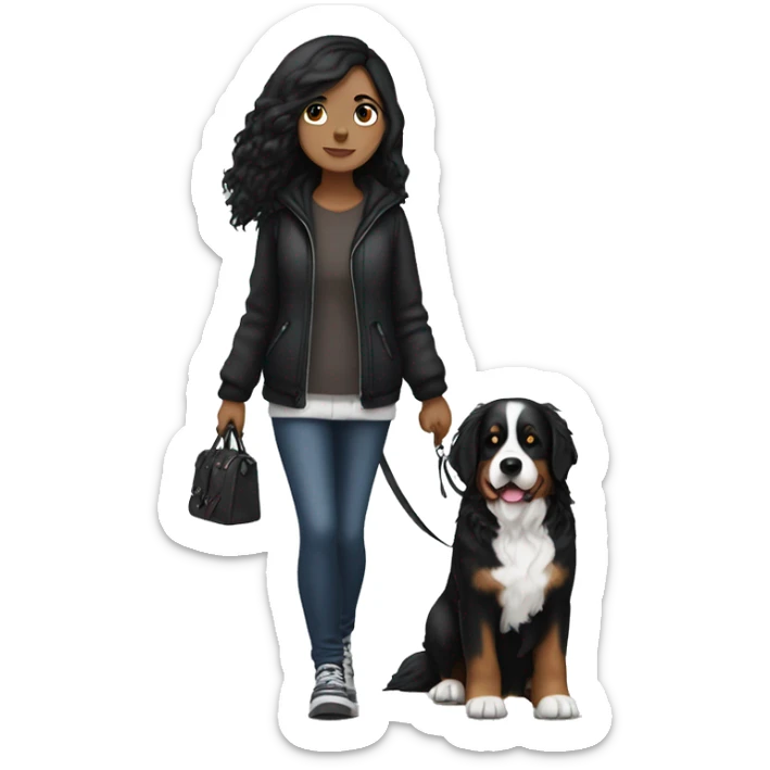 Gothic white girl with black hair walking a bernese mountain dog  sticker