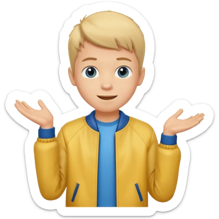 boy with good hair cut shrugging his shoulder, wearing yellow jacket and smile sticker