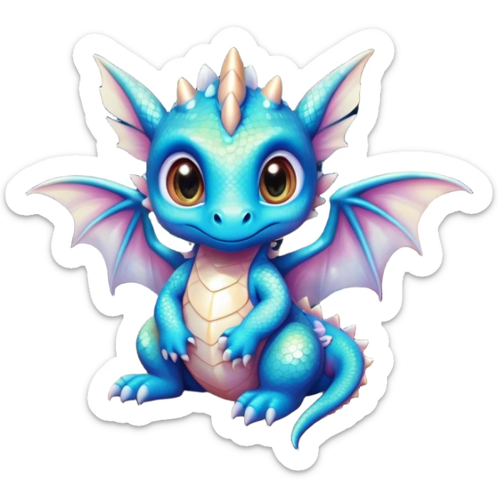 Airbrush painted image of an adorable little baby dragon with large glistening eyes sitting beside a tree under a deep galactic sky with pearlescent scales and wings spread against the stars sticker