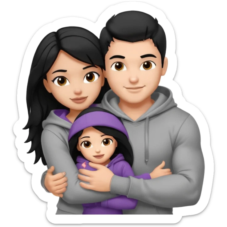 a pretty bratz boy with black hair and a grey hoodie, big biceps, hugging a girl with dark brown hair sticker