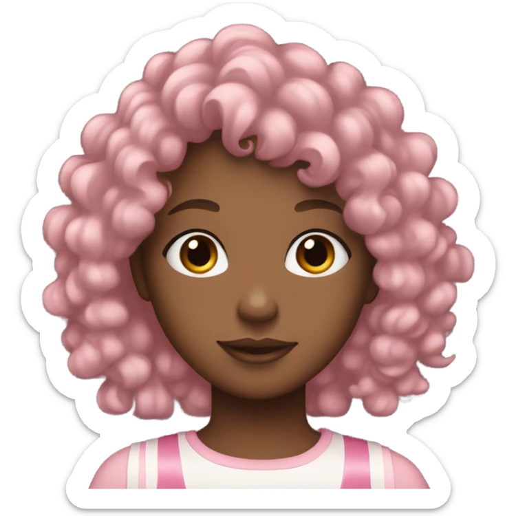 Black girl with curly hair and bangs with a light pink ribbon on the right side of her hair sticker