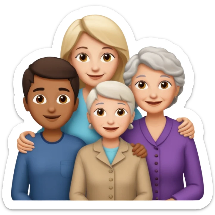 two kids (1 brown boy and 1 white girl) with their mother and grand mother smiling sticker