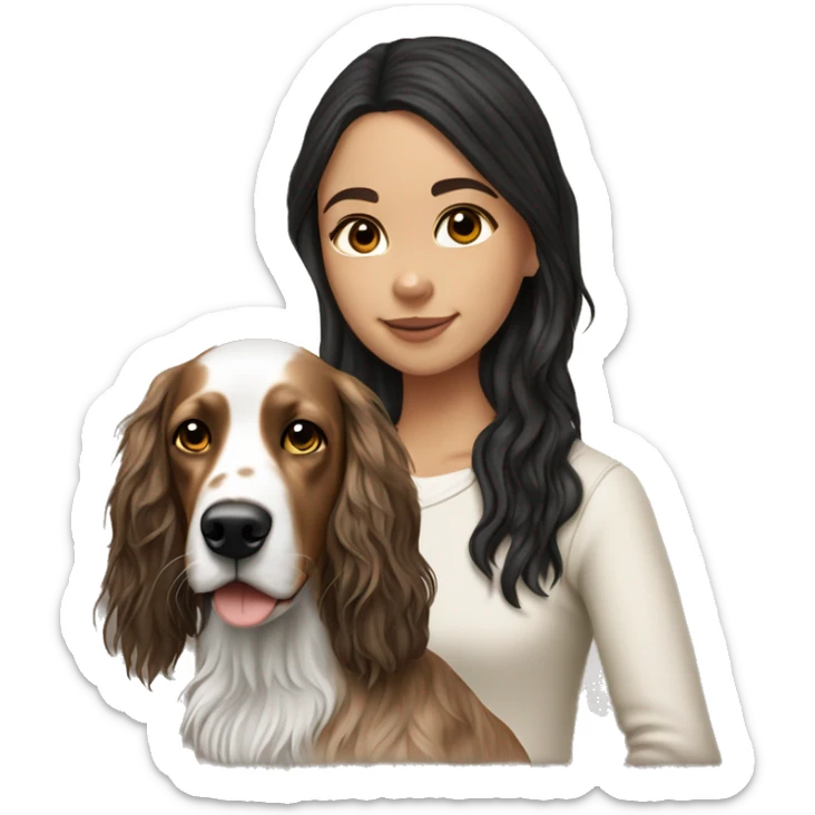 hyperrealist caucasian girl black long hair, brown eyes, light skin with brown english setter dog sticker