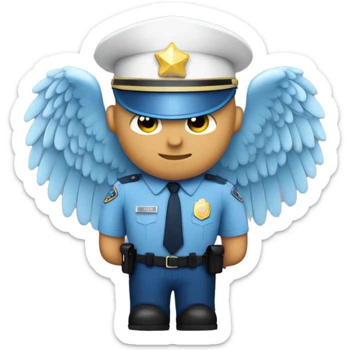 A WHITE Police man bald with blue uniform and cap with Big ANGEL WINGS sticker