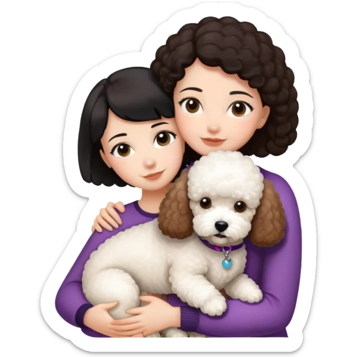Woman with short black straight hair hugging a brown poodle and a white bichon frise sticker