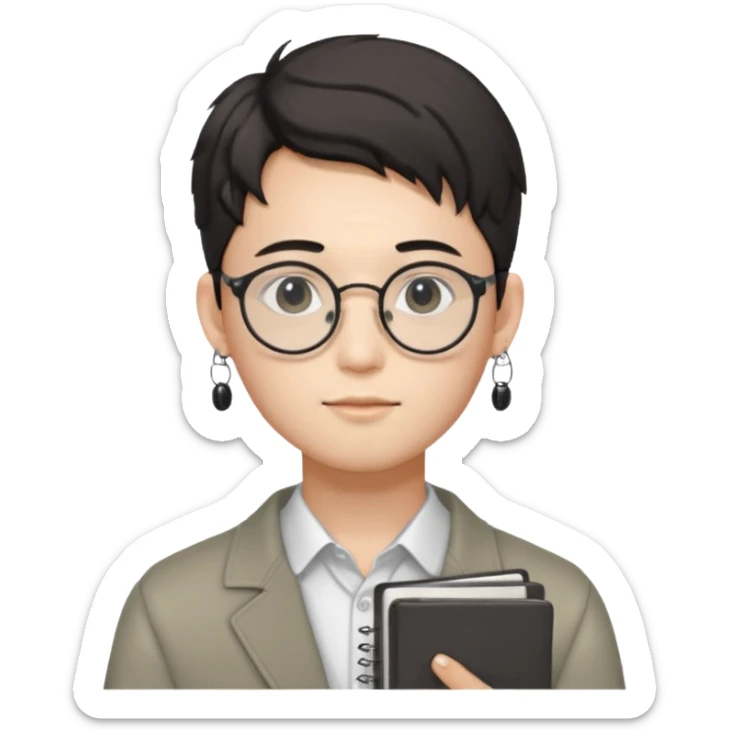 korean male guy 20s wearing an apnotebook, wearing radio earrings, round glasses, achromatic clothes, and achromatic clothes. sticker