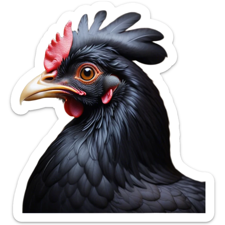 Cinematic Noble Black Chicken Portrait Emoji, Poised and regal, with a compact, sturdy build and a glossy, well-groomed pure black plumage, deep-set soulful beady eyes, Simplified yet sharp and sophisticated features, highly detailed, glowing with a soft, dignified glow, high shine, intelligent and alert, stylized with an air of mysterious elegance, focused and attentive, soft glowing outline, capturing the essence of a watchful and confident fowl, so majestic it feels as though it could strut out of the screen with effortless authority! sticker