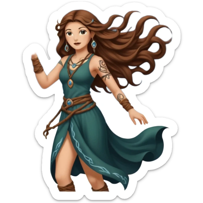 moon druid woman long wavy brown hair tattoos pulling rune card from air sticker