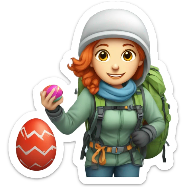 Female winter mountain climber red hair climbing, Greek flag on backpack and holding Easter eggs basket sticker