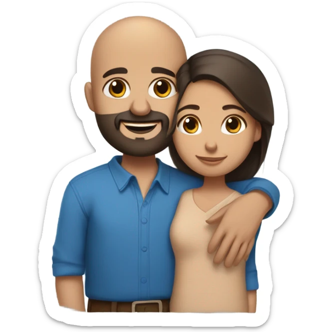 Comforting hug from brunette Puerto Rican with dark brown eyes wearing a cute blue blouse to short, bald man with brown eyes and a beard sticker