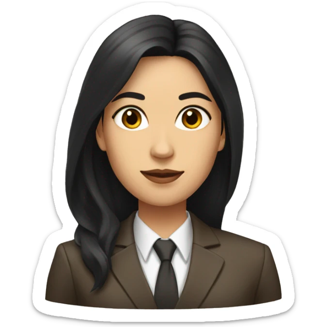 Female defense attorney with long black hair with brown suit sticker