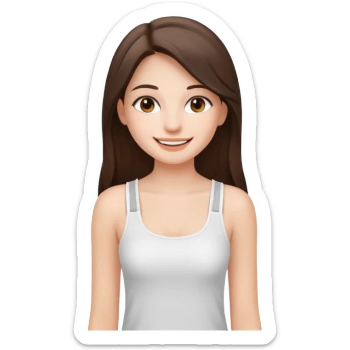 a pretty bratz fair girl with straight brunette long hair, middle partition. wearing a white thin strap trap tank top, smiling, wearing light makeup. very pretty. sticker