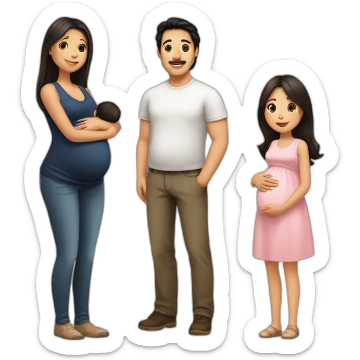 dad with black hair, pregnant mum with long brown hair, baby girl with light brown hair sticker