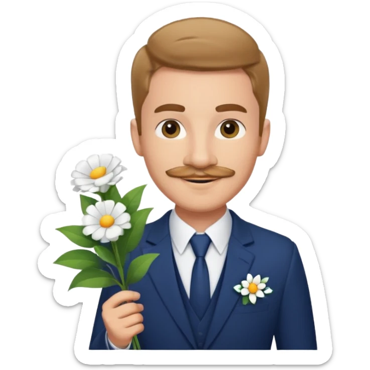 Homme 23 ans léger bouc moustache pas trop épaisse en costume bleu foncé chemise blanche insigne cabin crew portant bouquet fleur blanche souriant  sticker