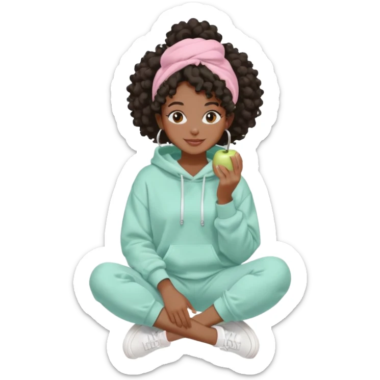 Black girl, clean girl aesthetic, 4C curly hair in a puff, pastel hoodie, white sneakers, minimal jewelry, soft smile, cozy vibe, bright colors, Apple-style skincare routine     White face mask + towel on my head = self care time. sticker