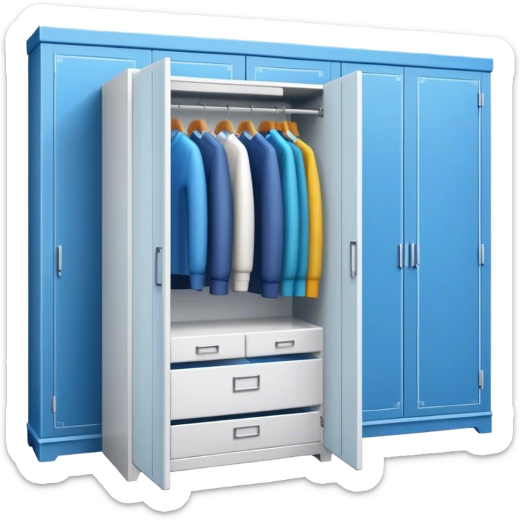 Icon for Furniture Design development: a close-up view of a 3D wardrobe on a blueprint with a measuring tape alongside. The icon should represent precision and the design process in furniture creation. Transparent background. sticker