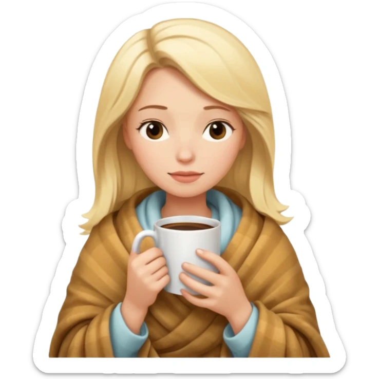 blonde woman cozy in a blanket, holding a coffee mug, eyes gently shut, peaceful emoji style sticker