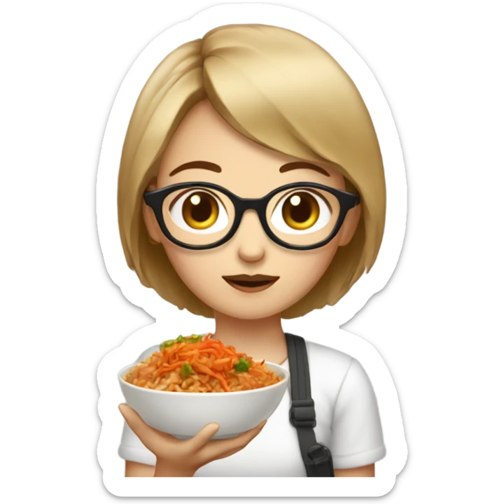 A girl with short hair and glasses eating Kimchi fried rice with extra kimchi on top sticker