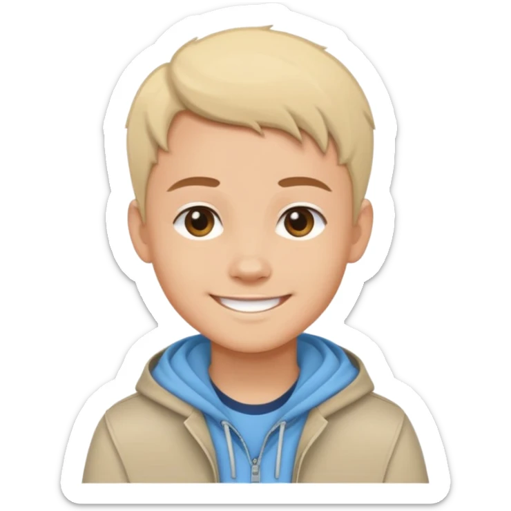 Cartoon avatar sticker of a young person, friendly smile, modern outfit, clean vector illustration, thick outline, flat colors, simple background, sticker style, high quality, transparent background sticker