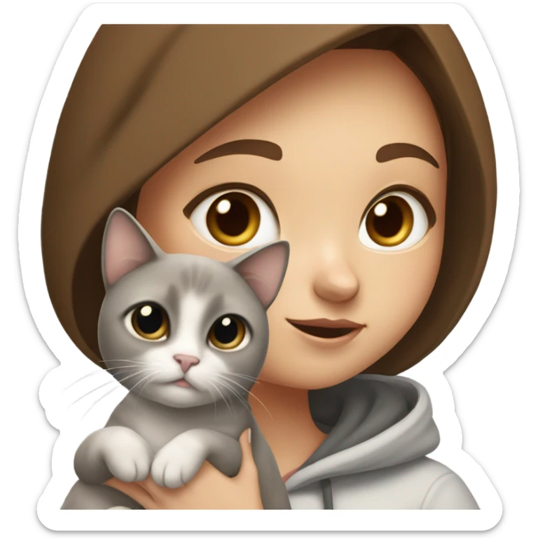 girl with brown hair and freckles, wearing a hoodie, holding a Siamese cat that is white and gray sticker