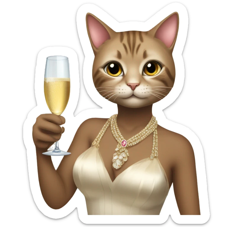 Cat in glamour outfit, with perks on hers neck , and glass of champagne in hand  sticker