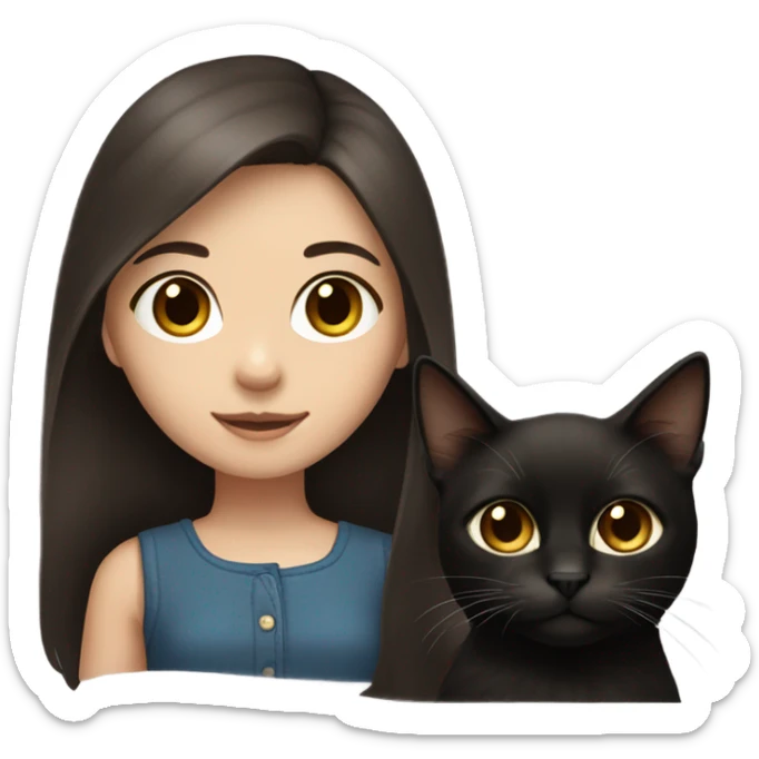 girl with dark brown hair and brown eyes. she has white skin. she is holding her brown and black cat. the cat has very long hair sticker
