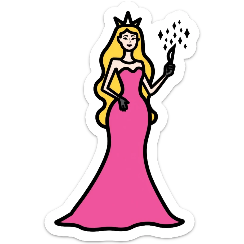 Glinda from Wicked musical, blonde witch with tiara, pink dress and magic wand sticker