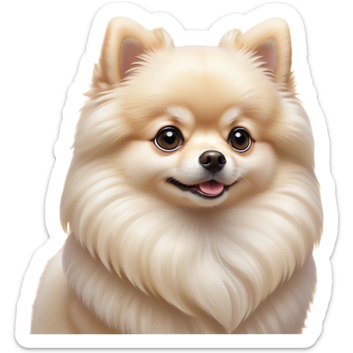 Cinematic Cute Cream Pomeranian Portrait Emoji, Head tilted playfully and inquisitively, featuring a luxurious, fluffy cream Fur with a natural sheen, round, sparkling dark eyes filled with curiosity, Simplified yet irresistibly adorable features, highly detailed, glowing with a warm, friendly glow, high shine, affectionate and lively, stylized with a touch of whimsy, bright and endearing, soft glowing outline, capturing the essence of a mischievous yet loving pup, so playful it feels like it could scamper out of the screen and into your arms! sticker