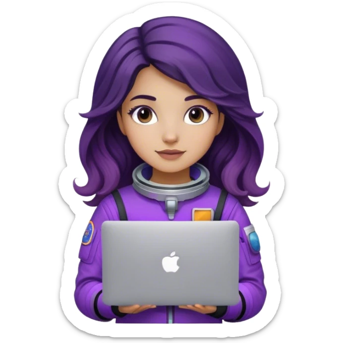 girl astronaut with purple suit, long ombre black/brown wavy hair and one macbook sticker